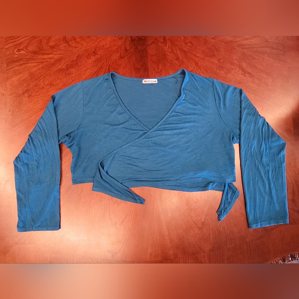 2X Tease Teal Long Sleeve Tie Front Shrug